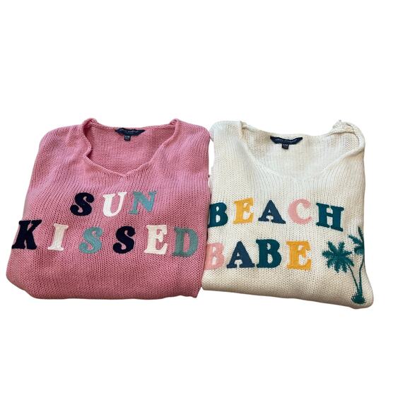 Simply Southern BUNDLE Pink Sun Kissed/Beach Babe Embroidered Vneck Sweater S/M - Picture 1 of 7